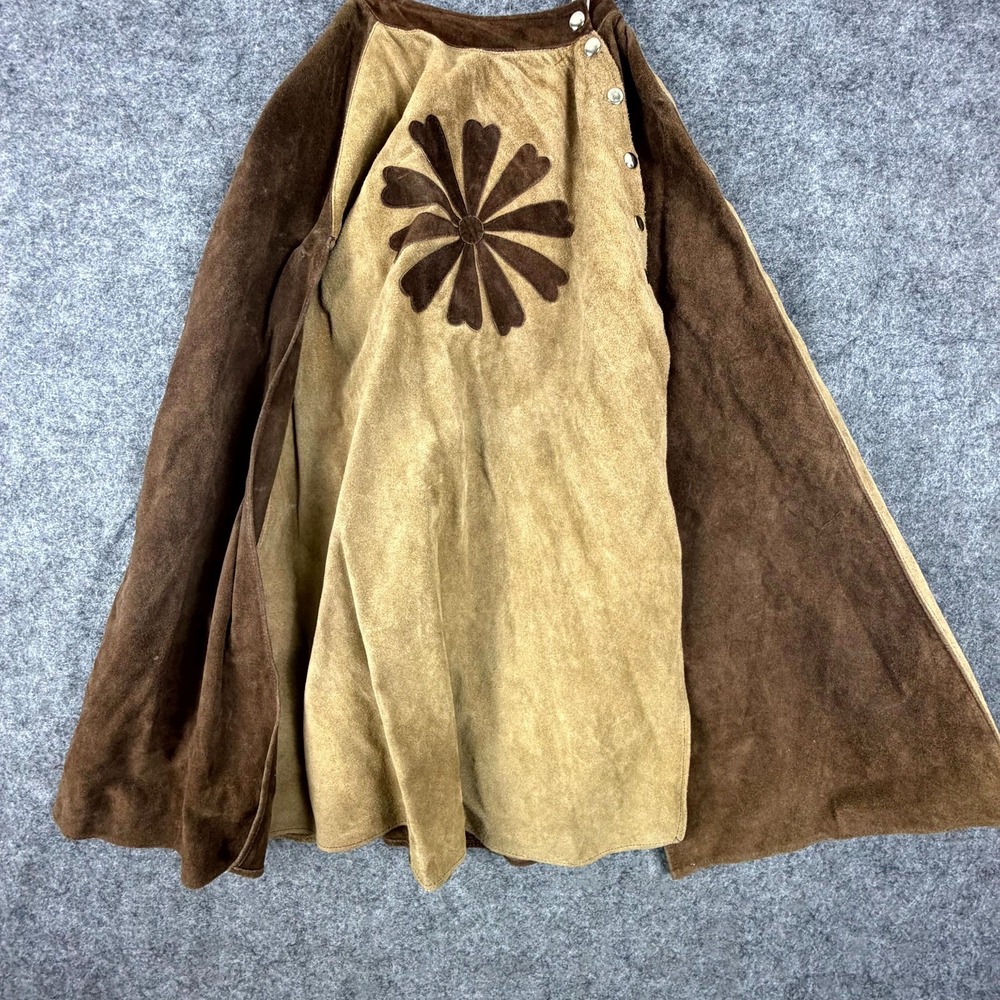 Vintage Genuine Leather Cape Poncho Brown Tan Suede Floral Boho Hippie Retro